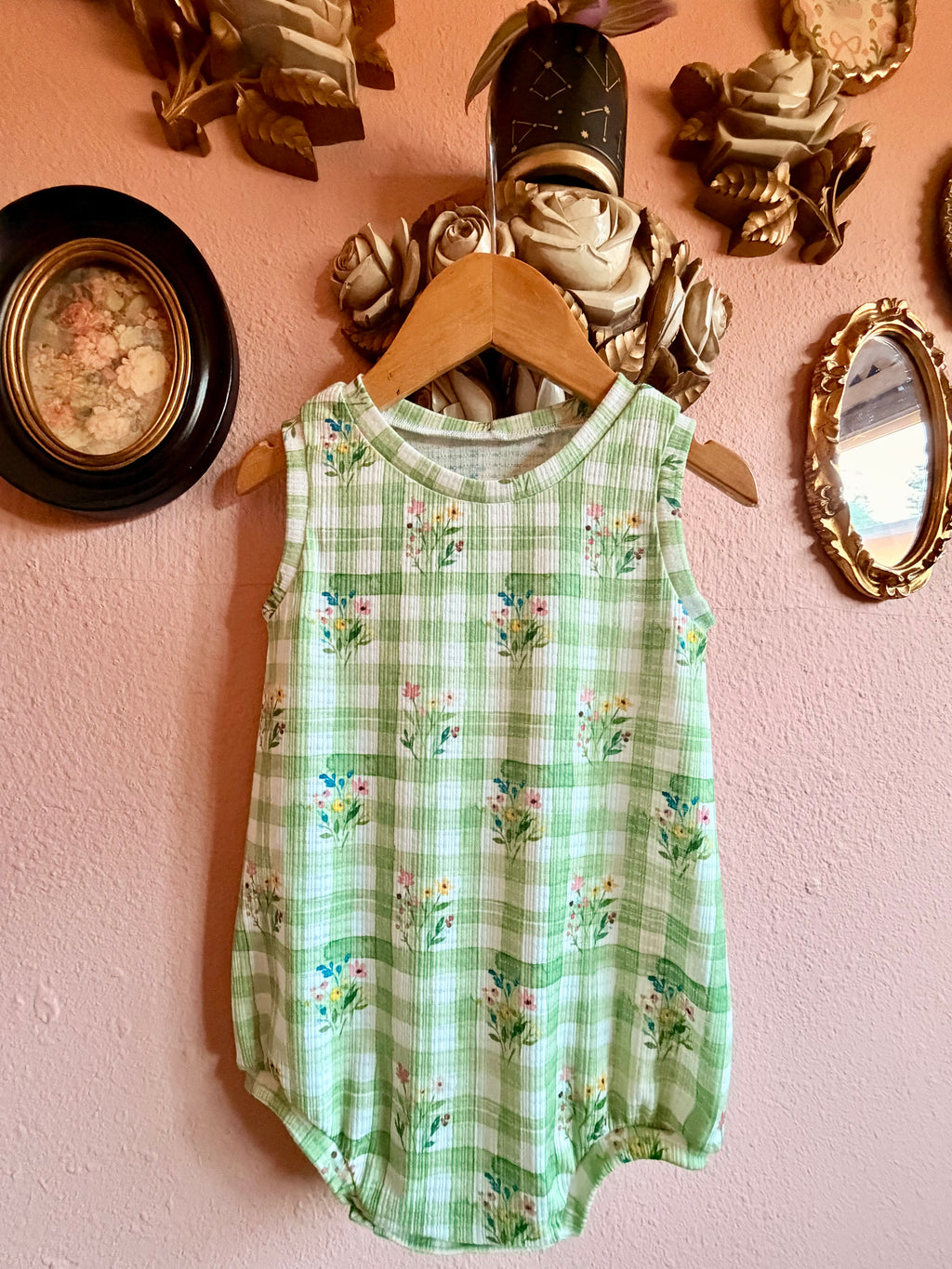 Green gingham floral Dawn romper