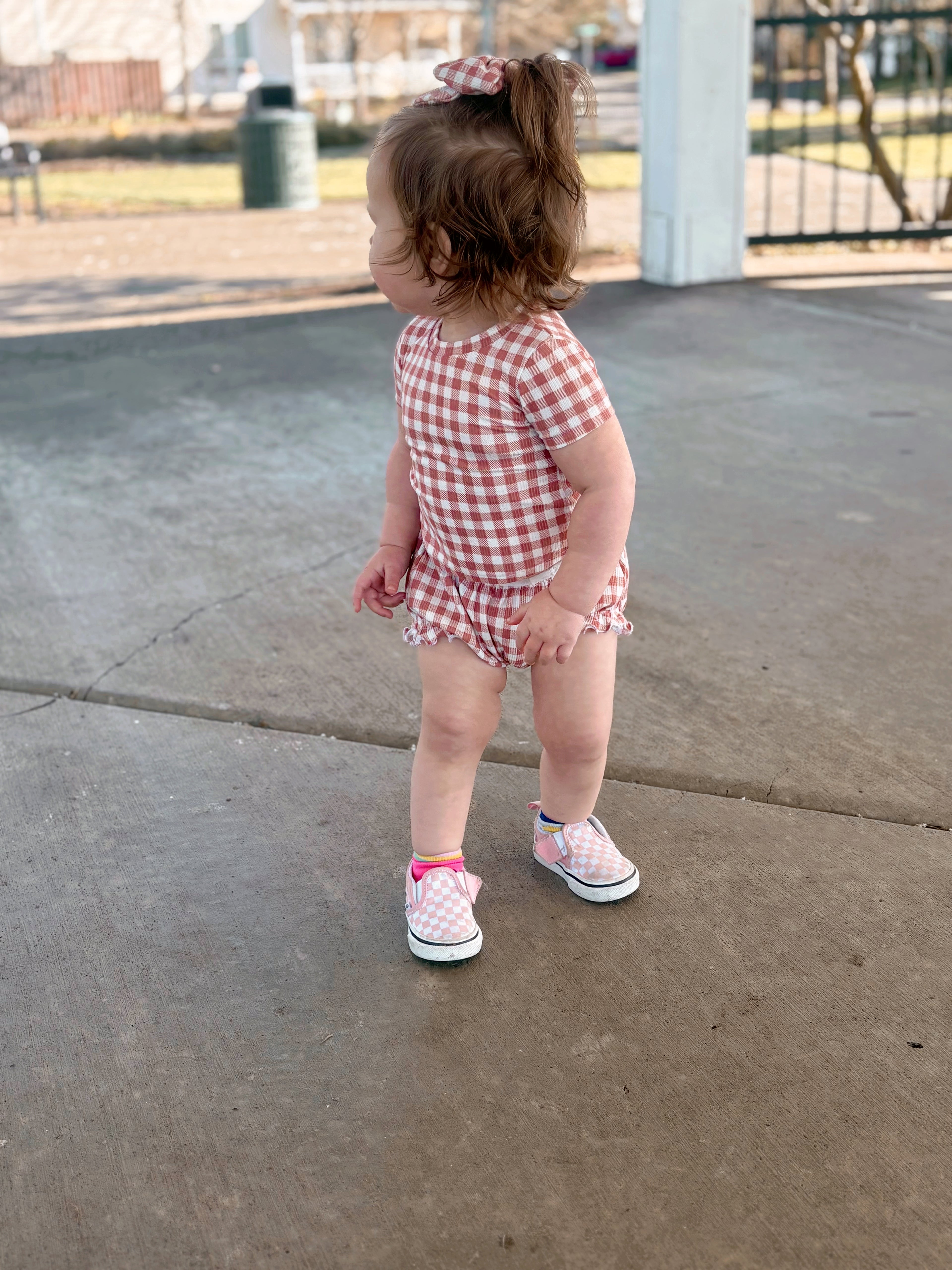 Mauve gingham Willow tee + Indie bummies