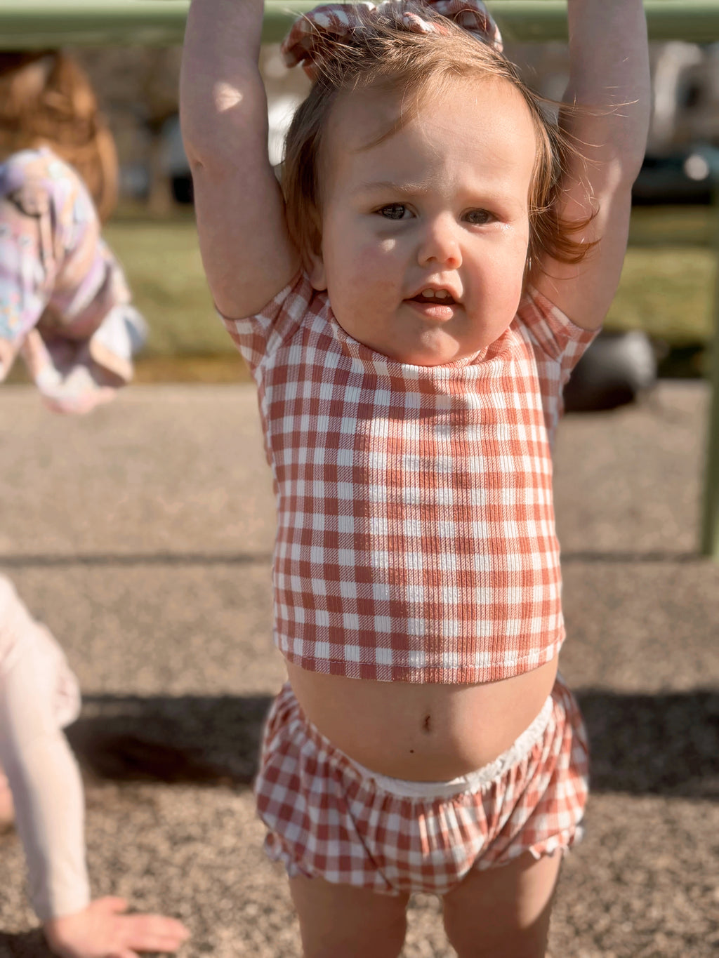 Mauve gingham Willow tee + Indie bummies