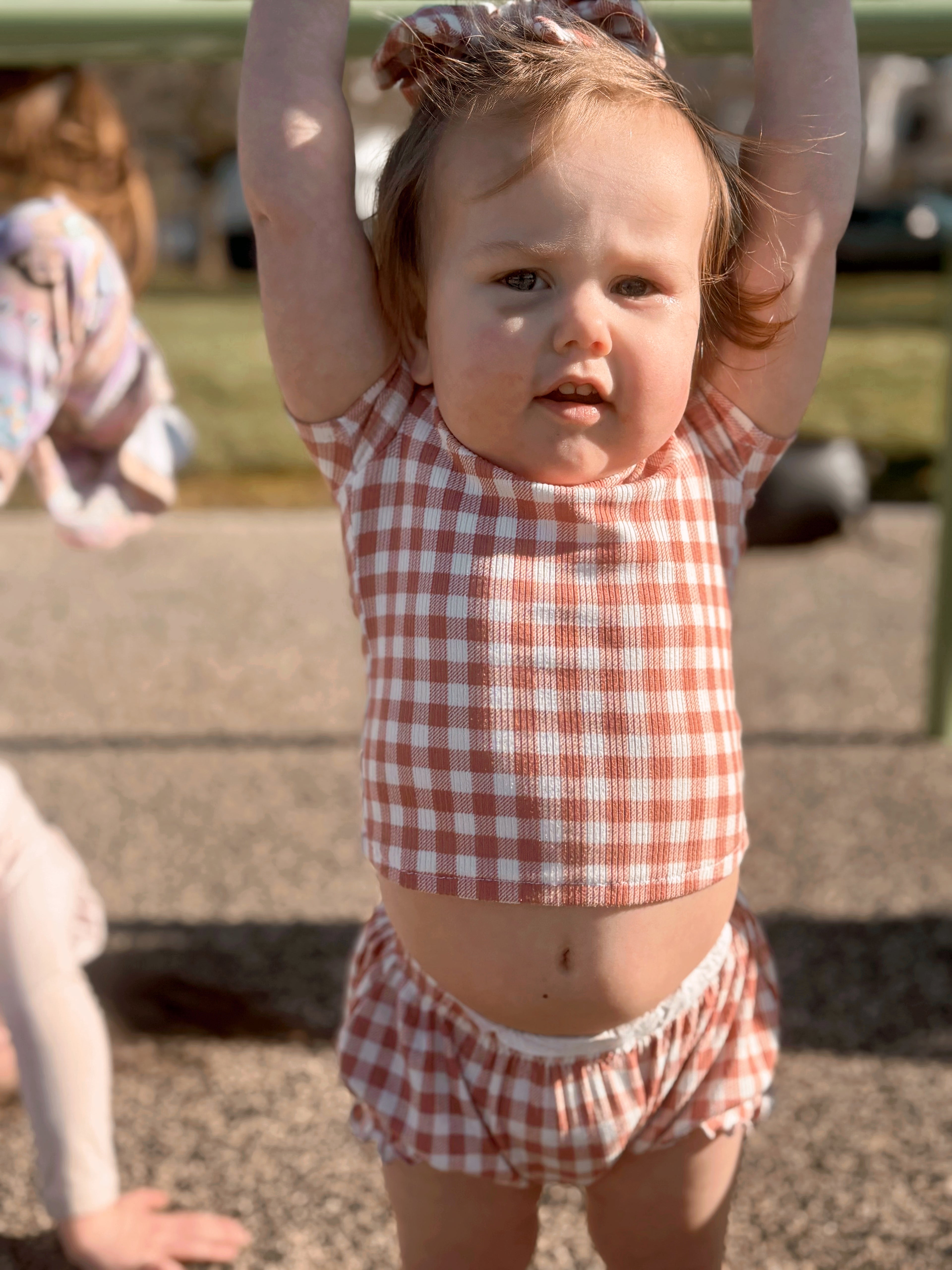 Mauve gingham Willow tee + Indie bummies