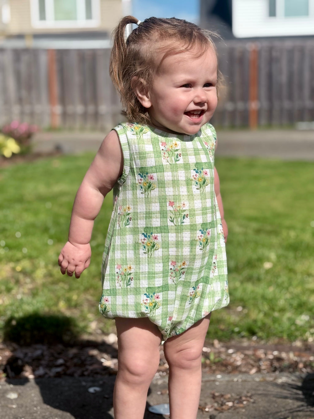 Green gingham floral Dawn romper