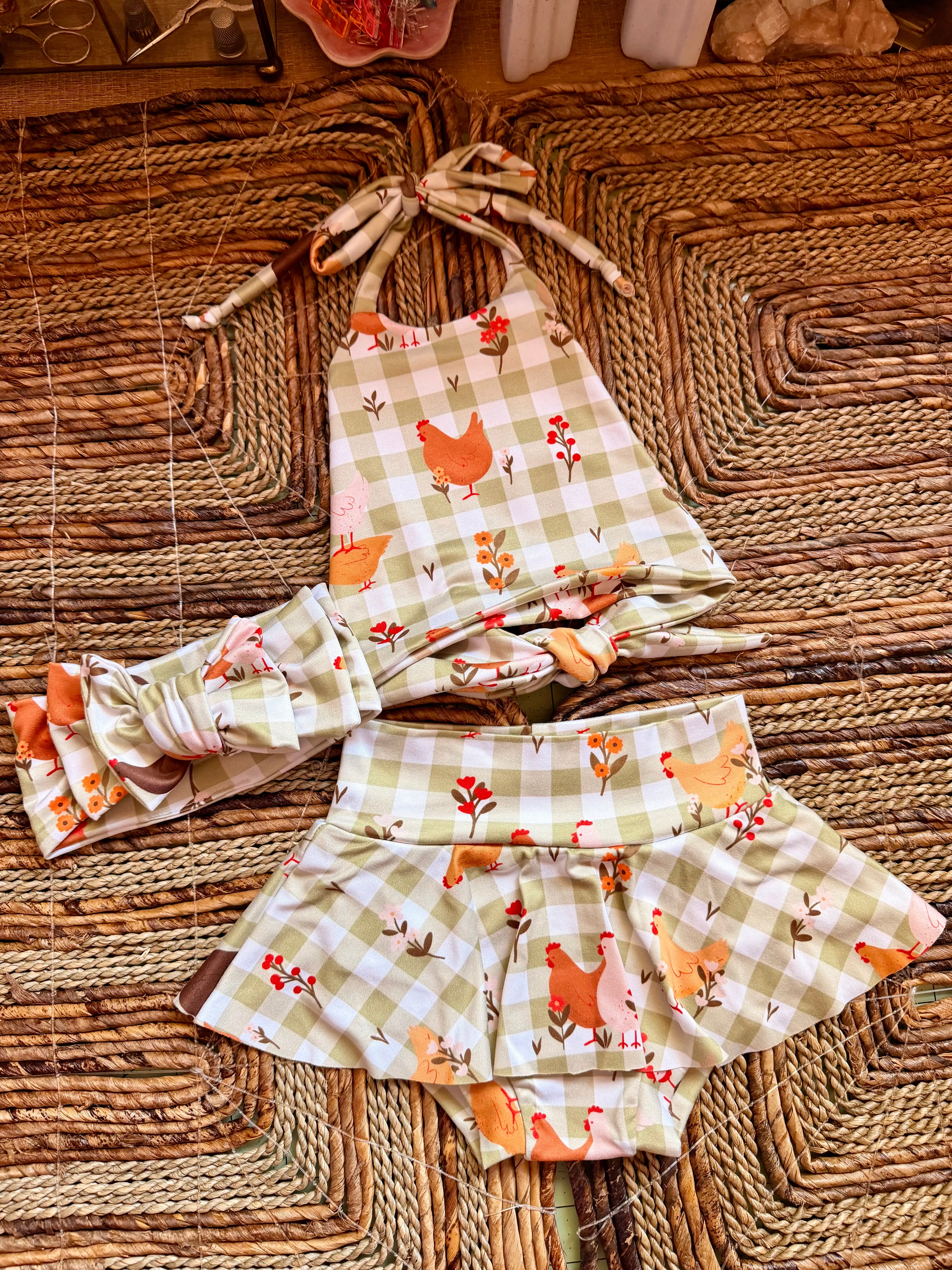 Gingham chickens oaklynn top + Kaia bummies + Aelin band