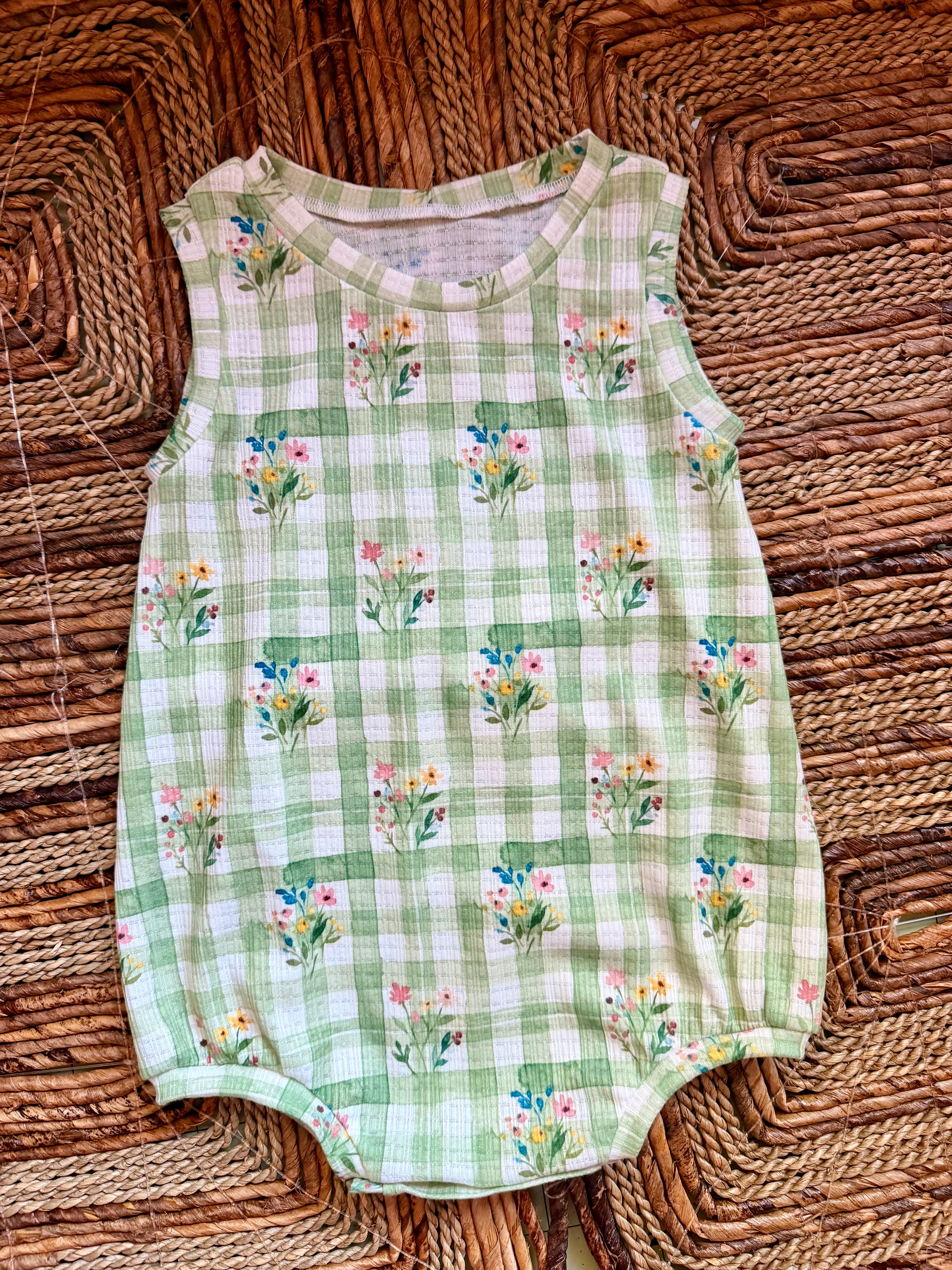 Green gingham floral Dawn romper
