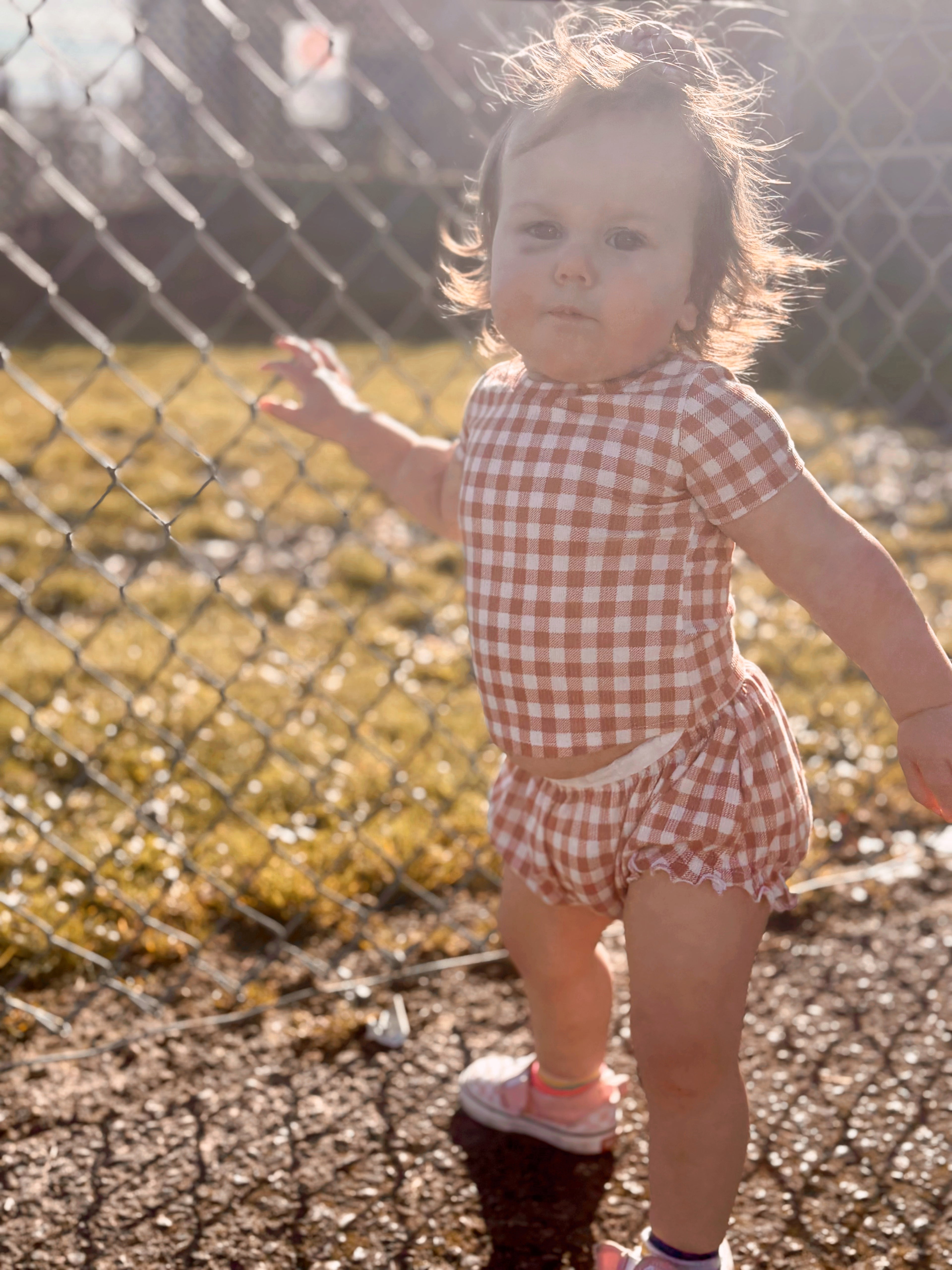 Mauve gingham Willow tee + Indie bummies