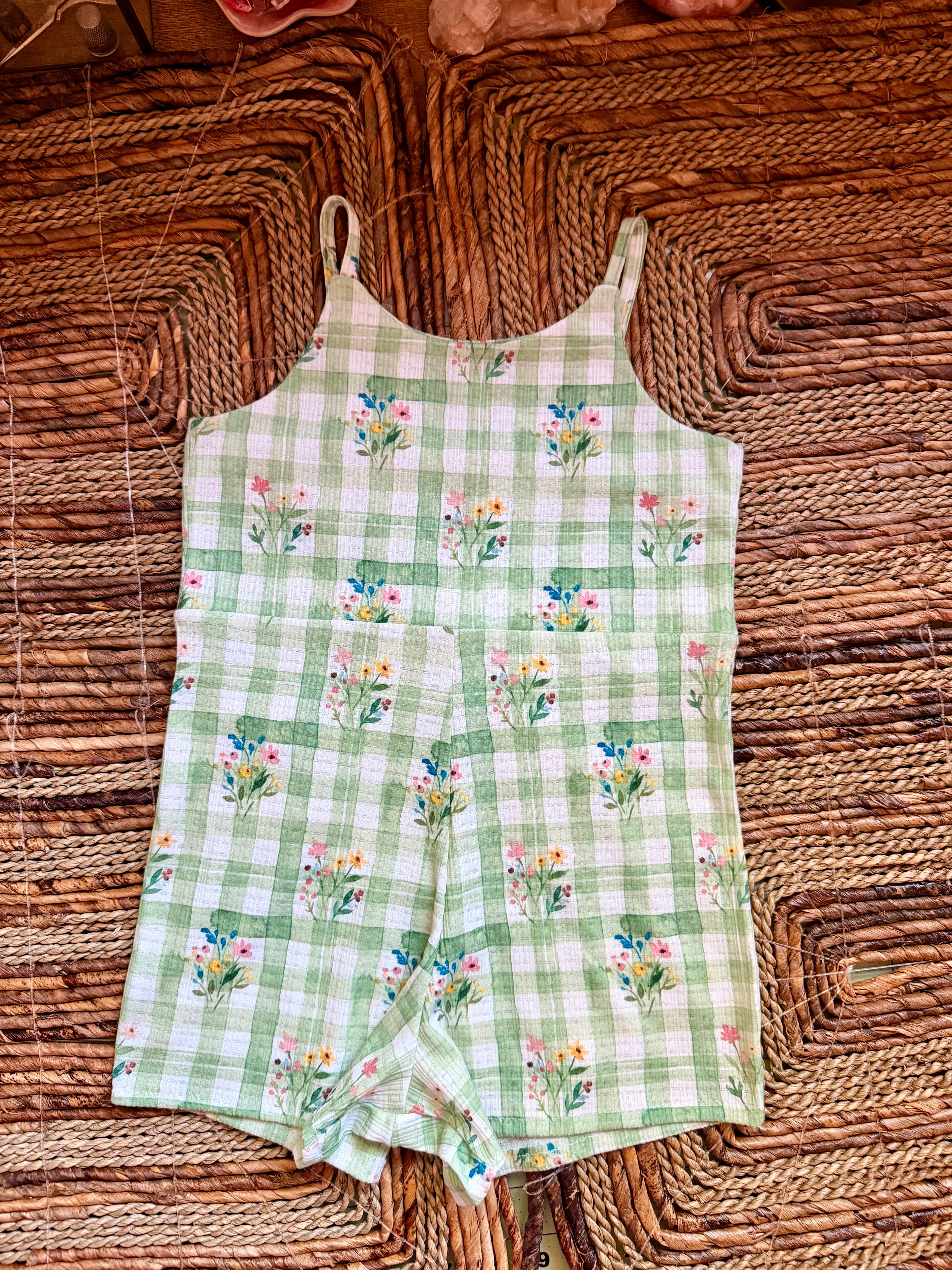 Green floral gingham summer romper (BIG KIDS) (Copy)