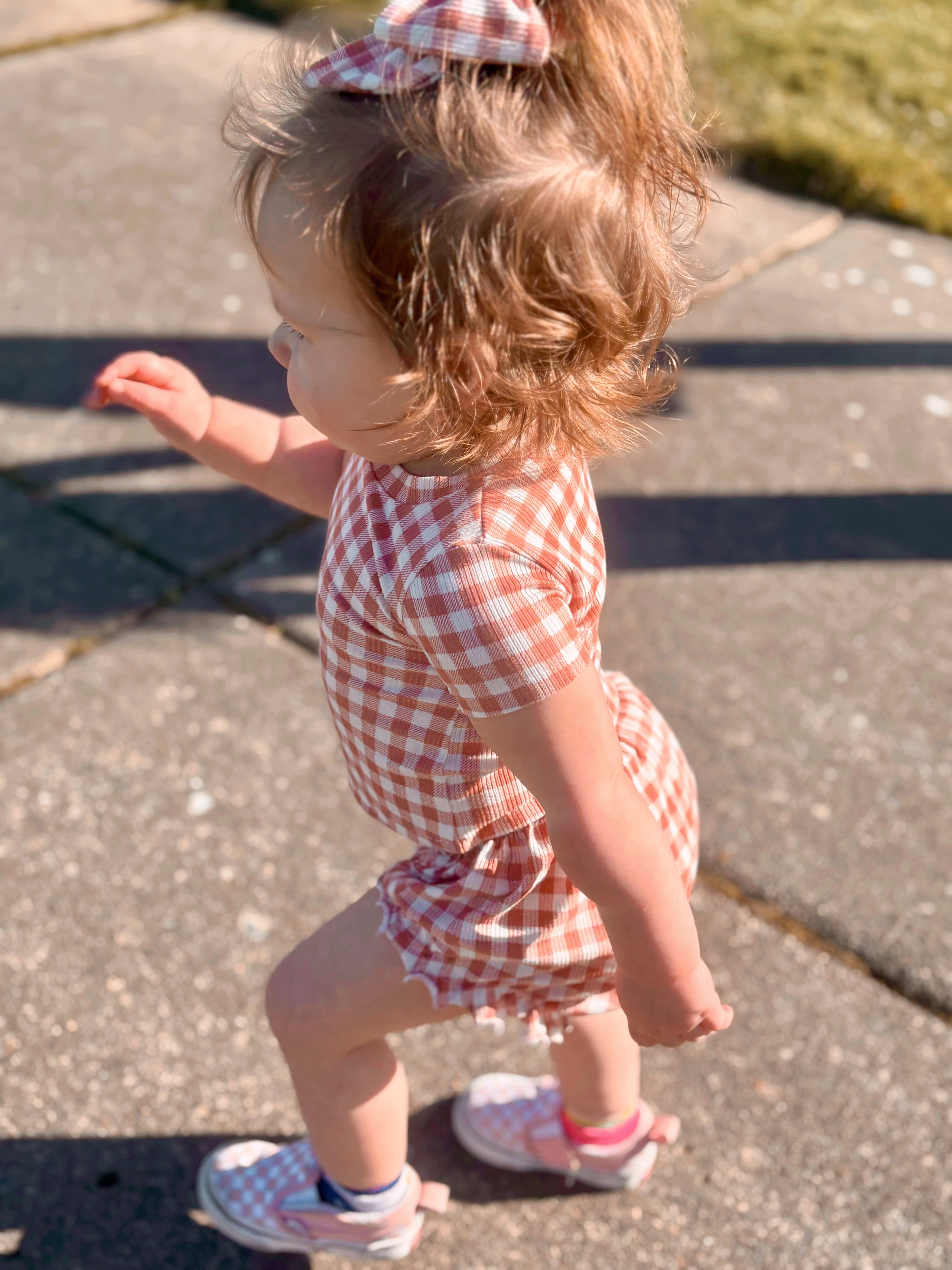 Mauve gingham Willow tee + Indie bummies