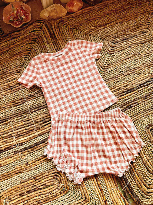 Mauve gingham Willow tee + Indie bummies