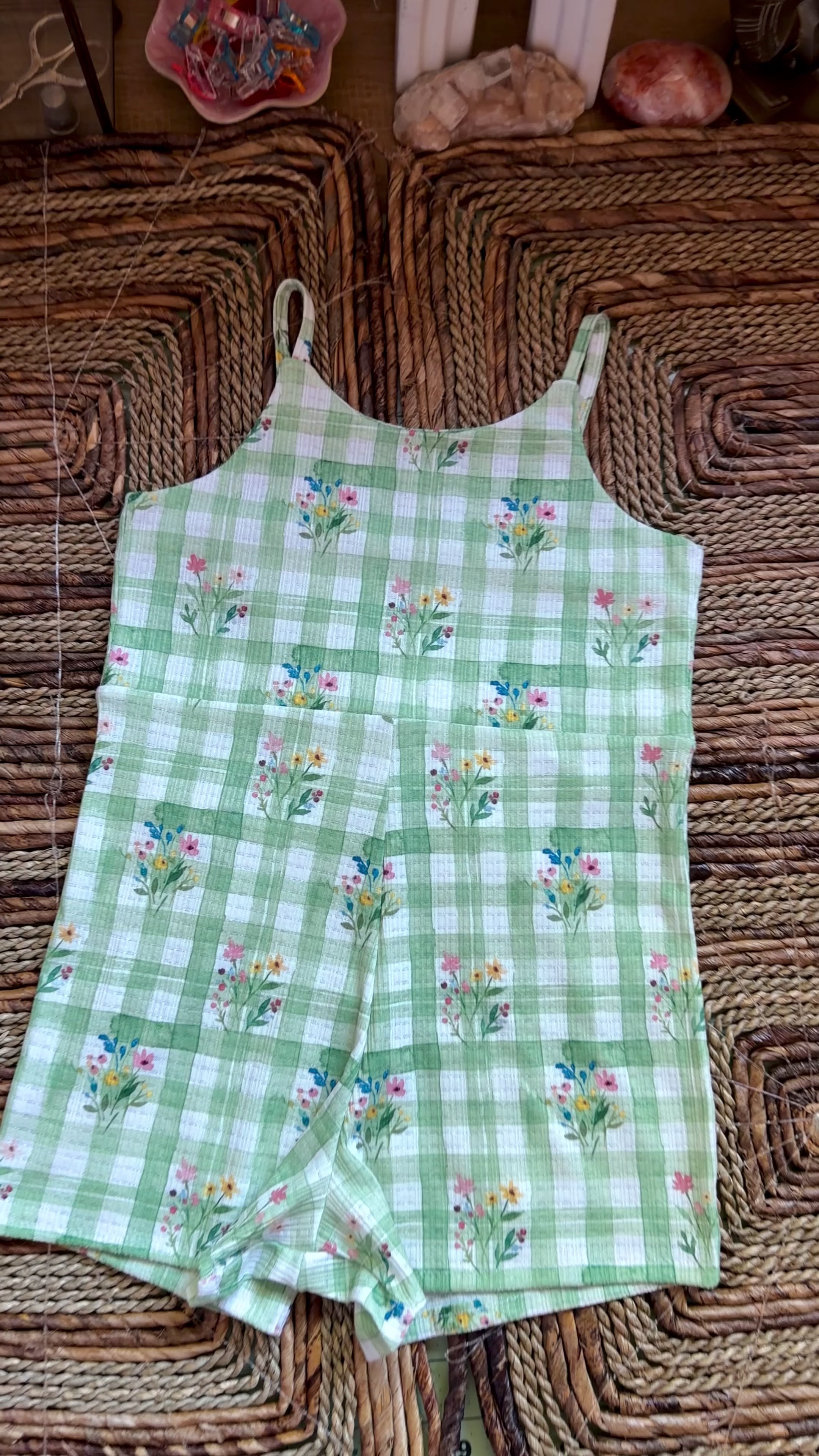 Green floral gingham summer romper (BIG KIDS) (Copy)